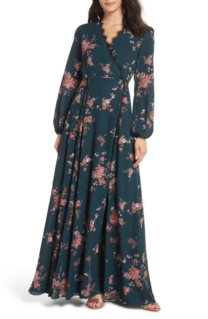 Jewel-toned floral gown perfect for a winter bridesmaid | Junebug Weddings فستان زهري, Floral Print Gowns, Long Sleeve Bridesmaid Dress, Outfits Vestidos, Long Dress Design, Printed Gowns, Muslim Fashion Dress, Muslim Fashion Outfits, Muslimah Fashion Outfits