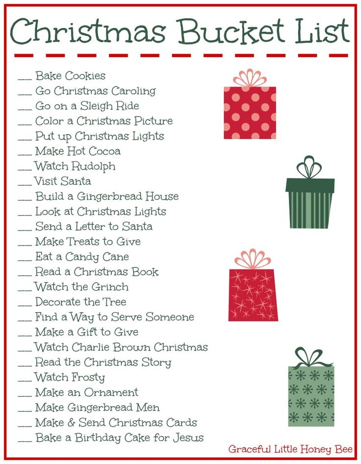 christmas bucket list with presents on it