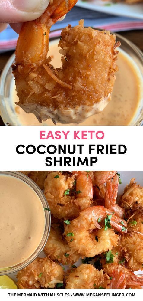 coconut fried shrimp is being dipped with dipping sauce