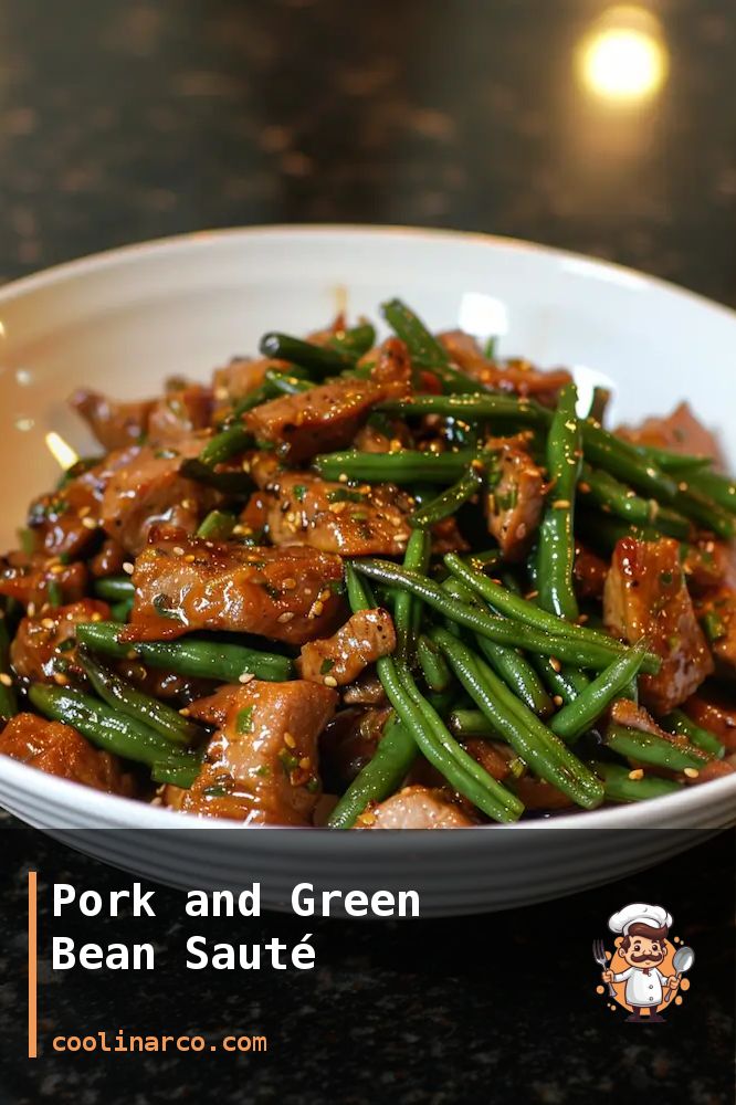 pork and green bean sautee in a white bowl on a black countertop