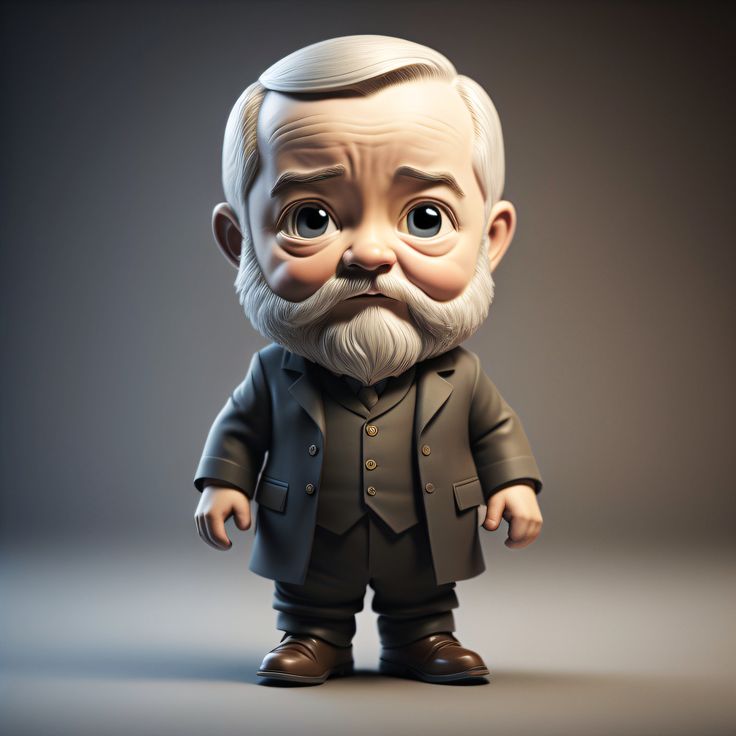 an old man with white hair and beard wearing a suit, standing in front of a gray background