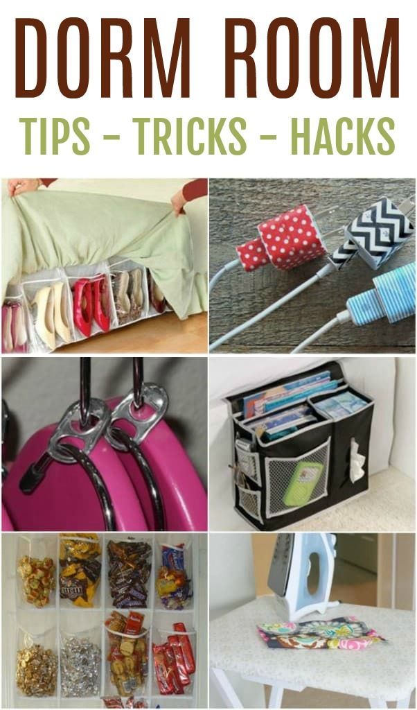 several different pictures with the words dorm room tips tricks hacks