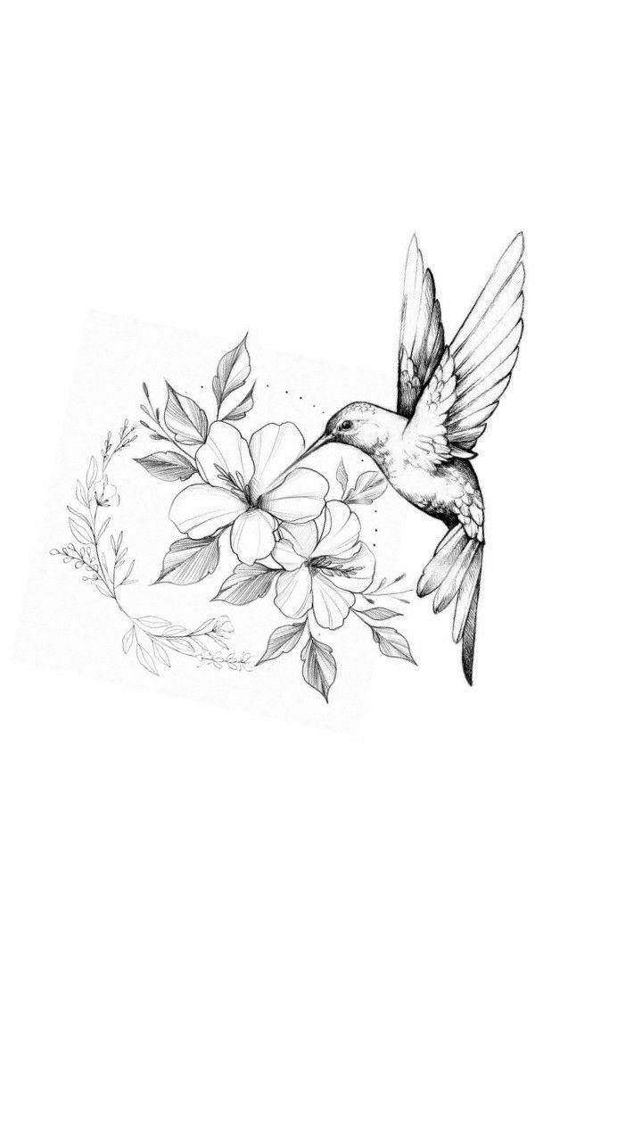 a black and white drawing of a hummingbird flying over flowers with its wings spread