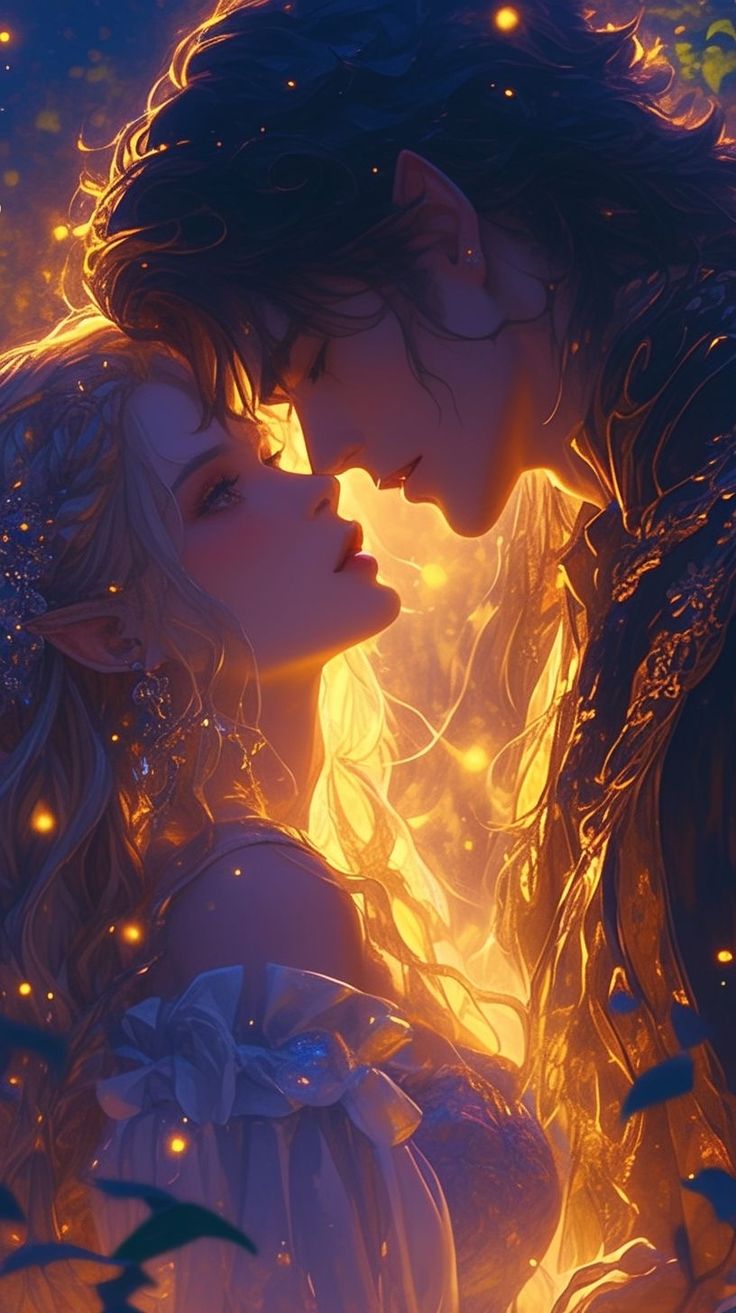 two people are kissing in the middle of a forest with fireflies around their necks