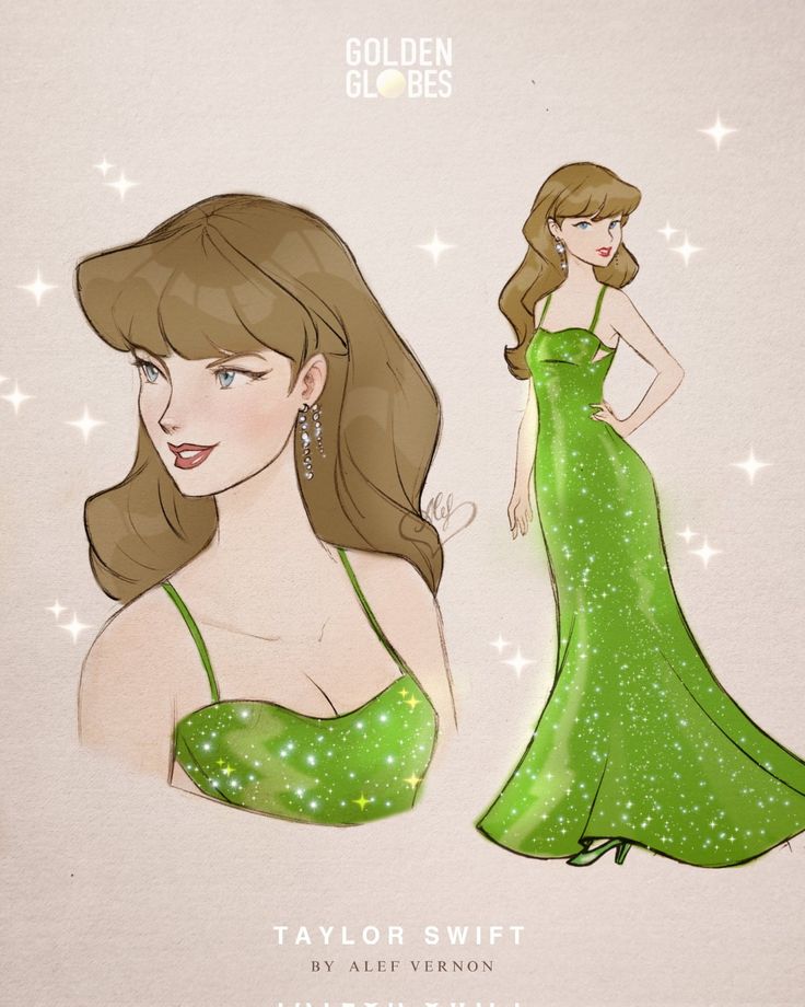 a drawing of a woman in a green dress with stars on the back and side