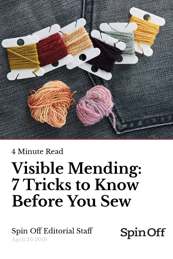 an advertisement with yarn and scissors on the back of a pair of jeans, which reads visible mending 7 tricks to know before you sew spin off