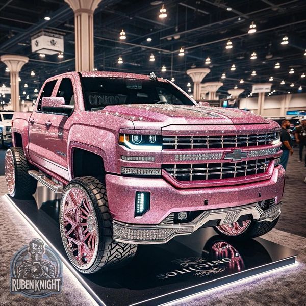 the pink truck is on display at the show