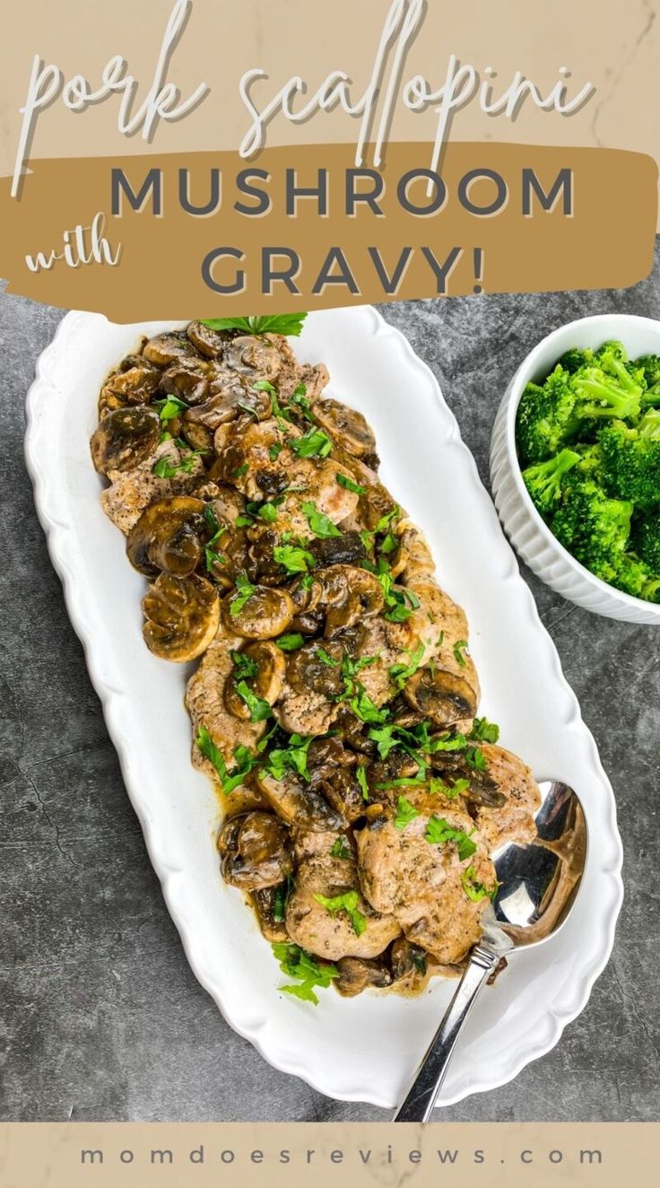 mushroom gravy on a white platter with broccoli