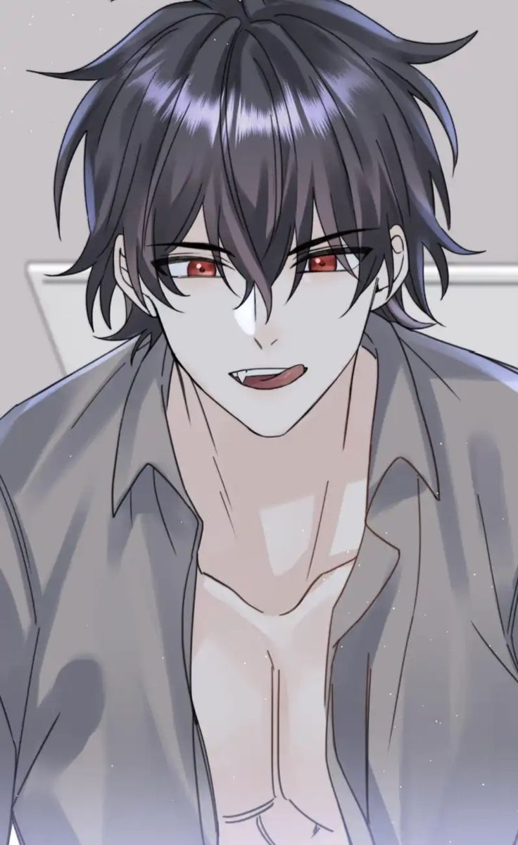 an anime character with black hair and red eyes