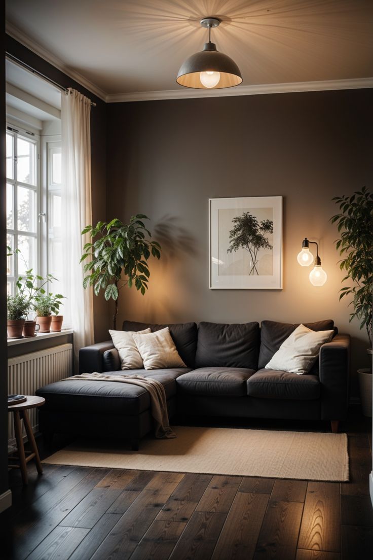 a living room filled with furniture and potted plants on top of a hard wood floor