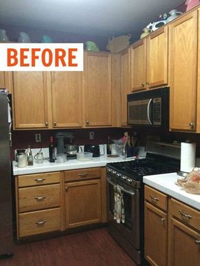 a kitchen with wooden cabinets and white counter tops, is shown before and after remodeling