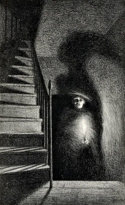 a drawing of a person with a candle in their hand and stairs to the other side