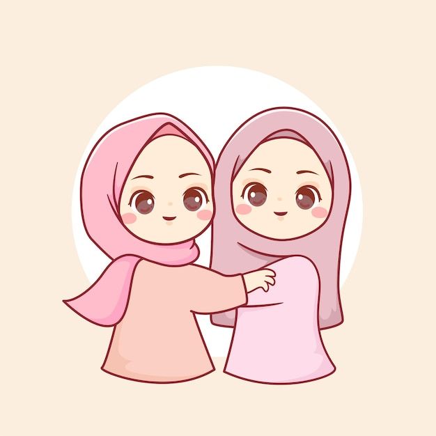 two women in hijabs hugging each other on a beige background illustration by person