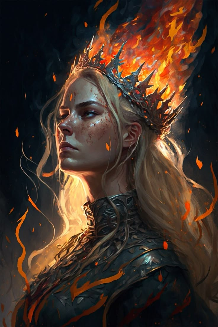 a painting of a woman wearing a crown with fire coming out of her hair and eyes