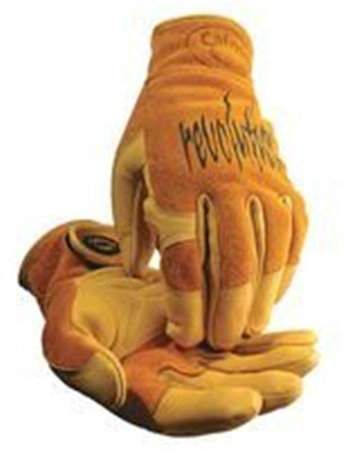 a pair of yellow work gloves with writing on the back and palm, sitting next to each other