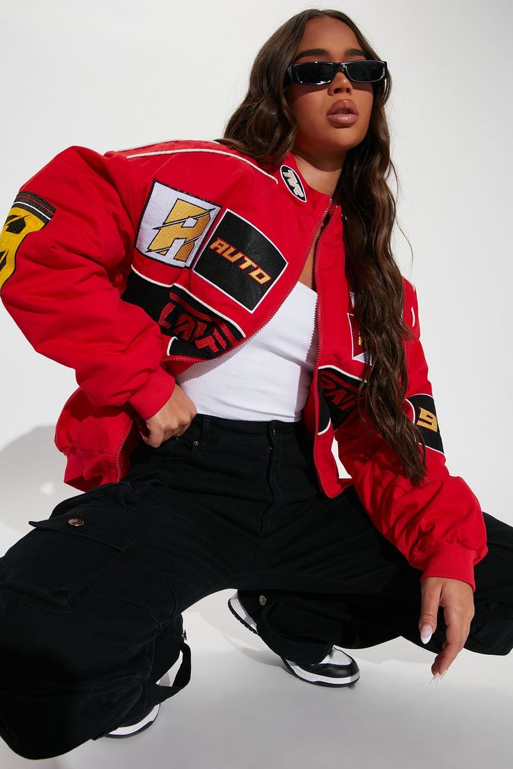 Available In Red. Bomber Jacket Oversize Fit Zip Front Closure Funnel Collar Woven Badges Pipping Detail Embroidery Fully Lined Lightweight Padding Disclaimer : Embroidery Placement Will Vary Shell: 100% Cotton Lining: 100% Polyester Filler: 100% Polyester Imported | Racing Cali Bomber Jacket in Red size Small by Fashion Nova Detail Embroidery, Embroidery Placement, Sweater Jumpsuit, Red Jacket, Red Fashion, Funnel, Sweater Jacket, Oversized Fits, Cali