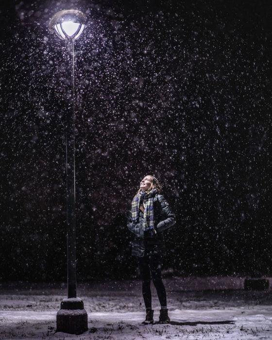 a person standing under a street light in the snow