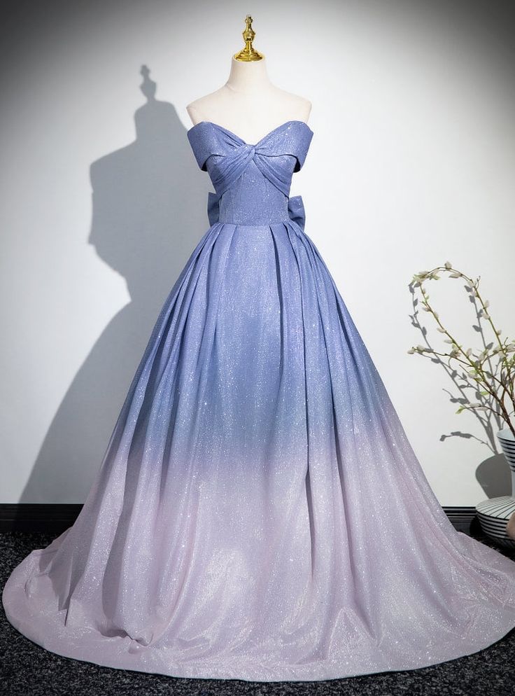 Ball Gown Blue Off the Shoulder Bow Prom Dress Blue Formal Dresses, Champagne Homecoming Dresses, Prom Dresses Burgundy, Purple Homecoming Dress, Burgundy Homecoming Dresses, Beautiful Gradient, Grey Prom Dress, Champagne Prom Dress, Green Homecoming Dresses