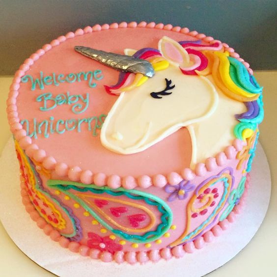 a birthday cake decorated with an image of a unicorn