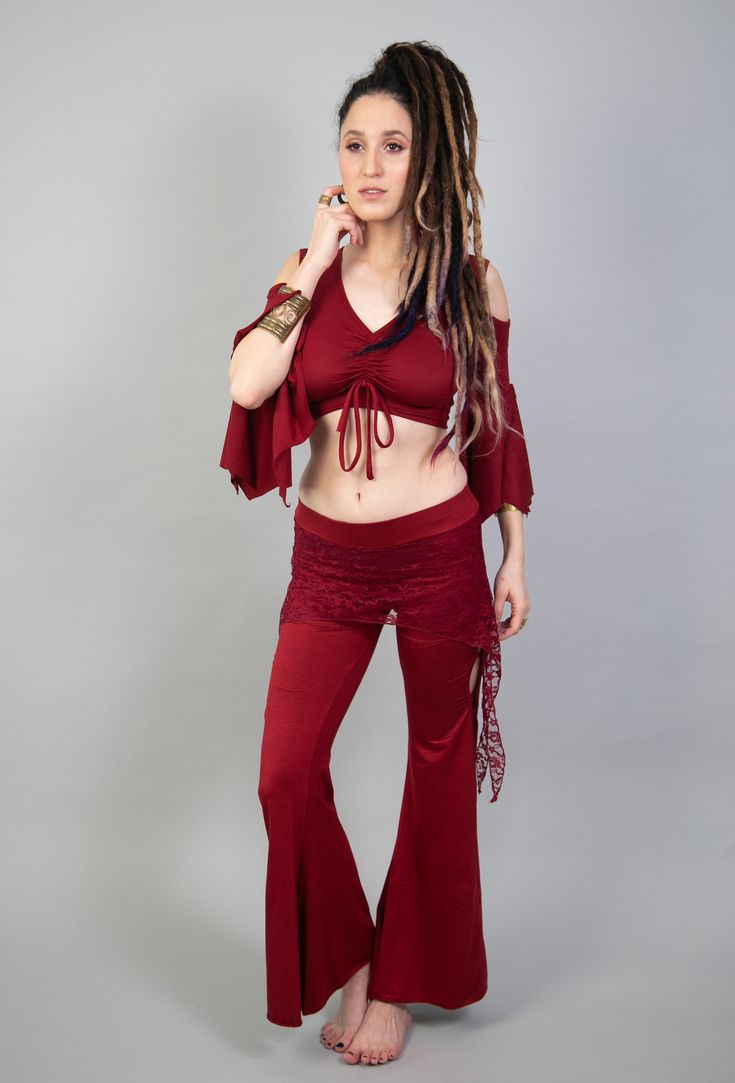 "Leggings for Women, Red Pants, Skirt over Leggings, Boho Festival Fashion, Yoga Pants, Bellydance Pants, Lace Leggings, Bell Bottom Pants. Red skirt over leggings pants for women with Bellydance style. These boho-hippie pants are wonderful for all dance and movement as well as tribal fusion and Bellydance, for burning man and other festival outfits, and many more occasions. ❀ Features: ✓ Made from comfortable and elastic 95% Viscose lycra and 5% cotton fabric ✓ Viscose fabric made from tree pul Hippie Fitted Bottoms For Festivals, Fitted Hippie Harem Pants For Festival, Bohemian Fitted Bottoms For Festivals, Hippie Stretch Bottoms For Festival, Stretch Harem Pants For Festivals, Fitted Bottoms For Dance Festival, Stretch Harem Bottoms For Festival, Fitted Harem Bottoms For Festival, Fitted Hippie Party Pants