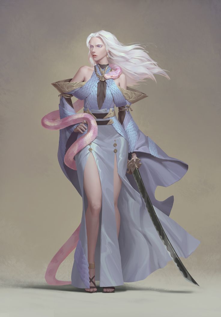 a woman with white hair wearing a blue dress and holding two swords in her hand