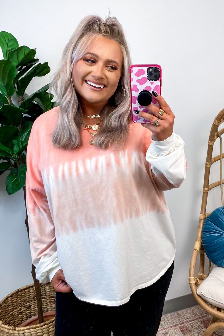 S / Peach Totally Relaxed Ombre Dye Sweatshirt - FINAL SALE - Madison and Mallory Ombre Tie Dye, Dye Sweatshirt, Tie Dye Sweatshirt, Tie Dye Top, Long Sweatshirt, Final Sale, Full Length, Tie Dye, Long Sleeve Blouse