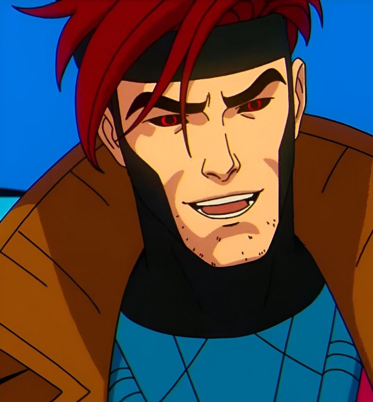 an animated man with red hair wearing a brown jacket