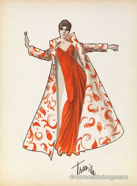 a drawing of a woman in a red and white dress with her arms spread out