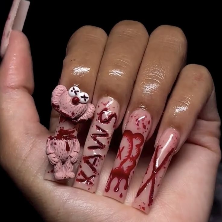 Kaws Nails, Disney Halloween Nails, Holloween Nails, Spooky Nails, Acrylic Toe Nails, Halloween Acrylic Nails, Hard Nails, Long Acrylic Nail Designs, Drip Nails