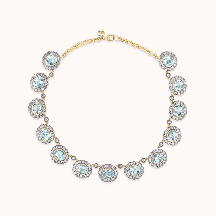 The precious Alexandra Necklace from our Desert Rising collection showcases alternating Aquamarine stones strung together with white diamonds. A modern heirloom in the making!14K yellow gold 28.17 ct Aquamarine13.58 total ct weight Diamonds*Al... Luxury White Gold Blue Topaz Necklace, Luxury Aquamarine Jewelry With Diamond Accents, Luxury Aquamarine Necklace For Formal Occasions, Luxury Blue Topaz Oval Necklace, Luxury Blue Topaz Gemstone Necklace, Luxury Oval Blue Topaz Necklaces, Luxury Aquamarine Gemstone Necklaces, Luxury Oval Blue Topaz Necklace, Luxury Aquamarine Gemstone Necklace