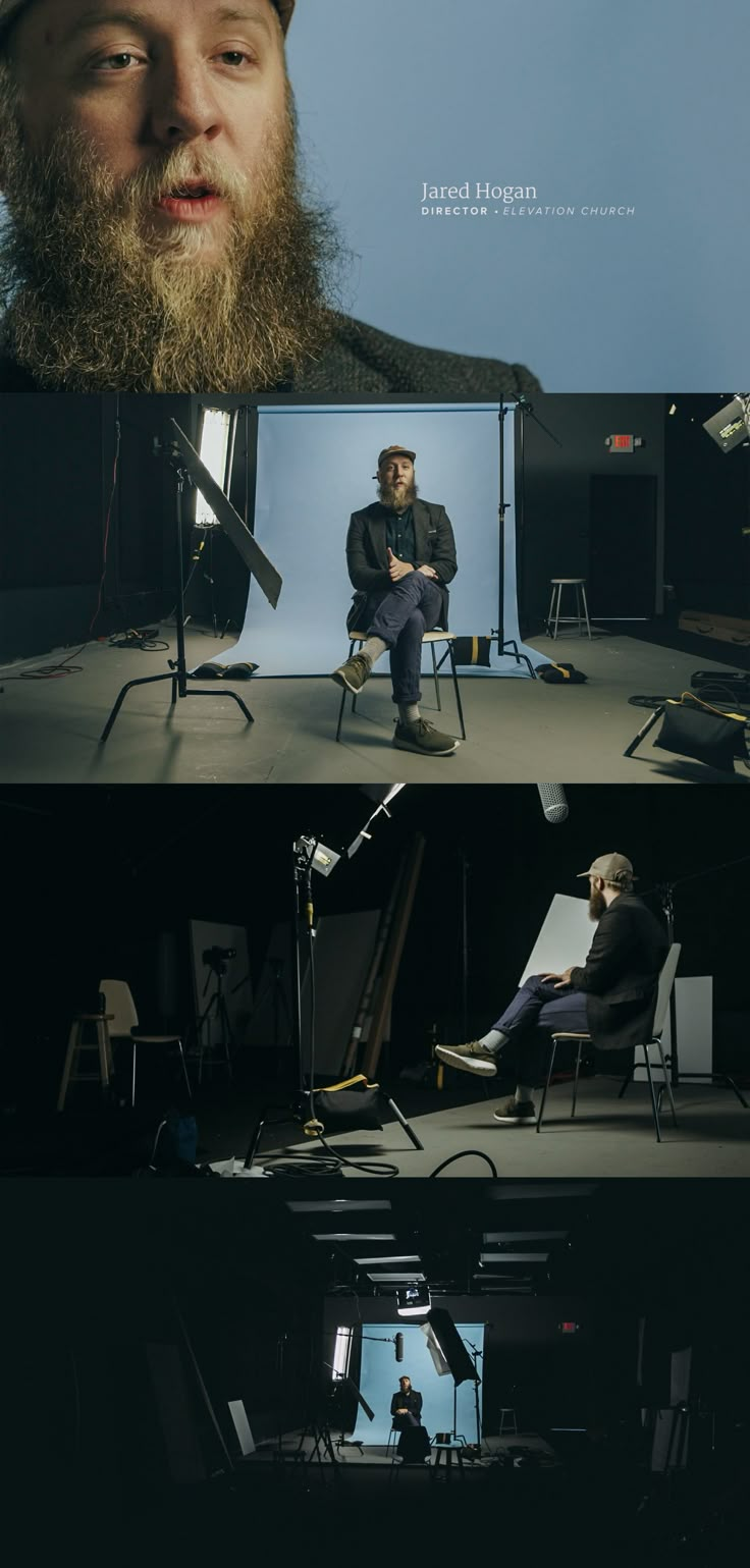 a man with a beard sitting in front of a camera