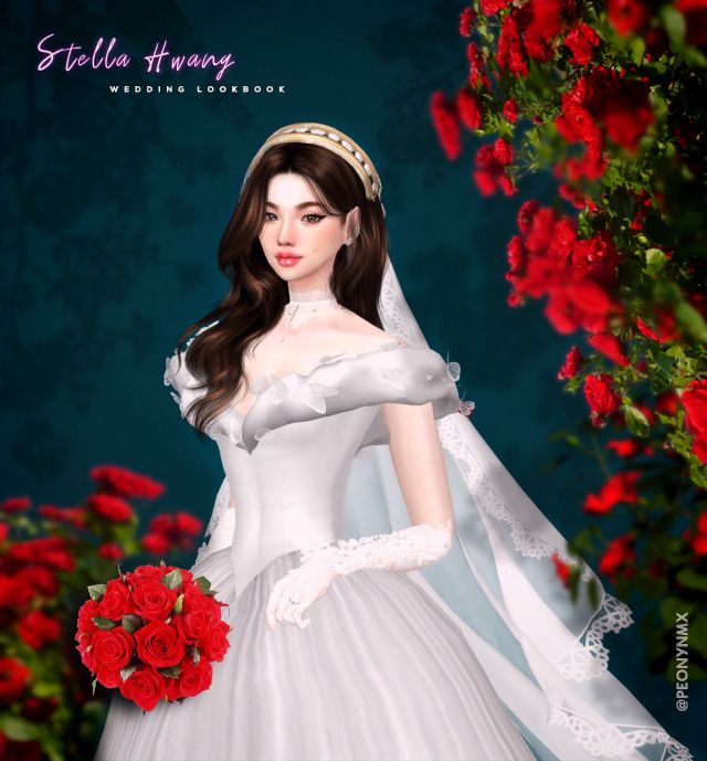 a woman in a white wedding dress holding a bouquet of red roses and wearing a tiara