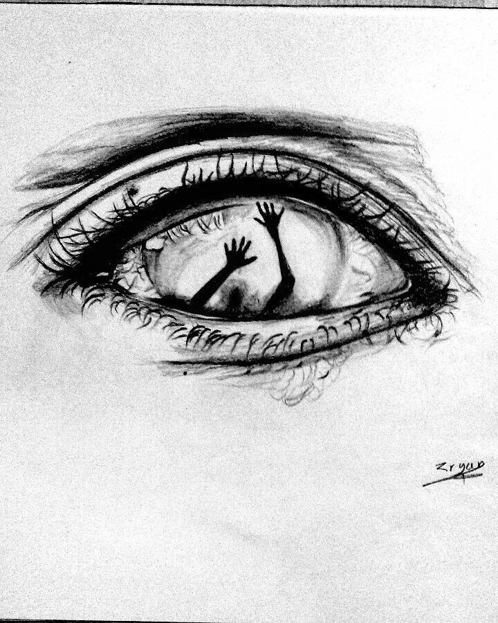 a pencil drawing of an eye with hands coming out of the iris's eyes