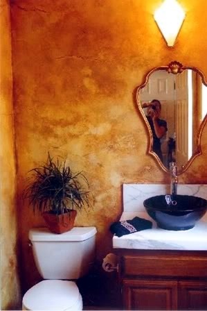 a bathroom with a toilet, sink and mirror in it's corner next to a potted plant