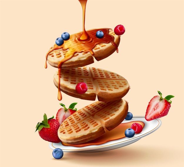 a stack of waffles with syrup and strawberries on a plate against a beige background