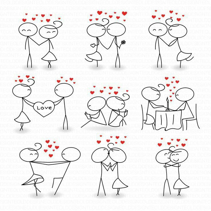 cartoon stick figures holding hands and kissing each other with hearts floating around the couple's faces