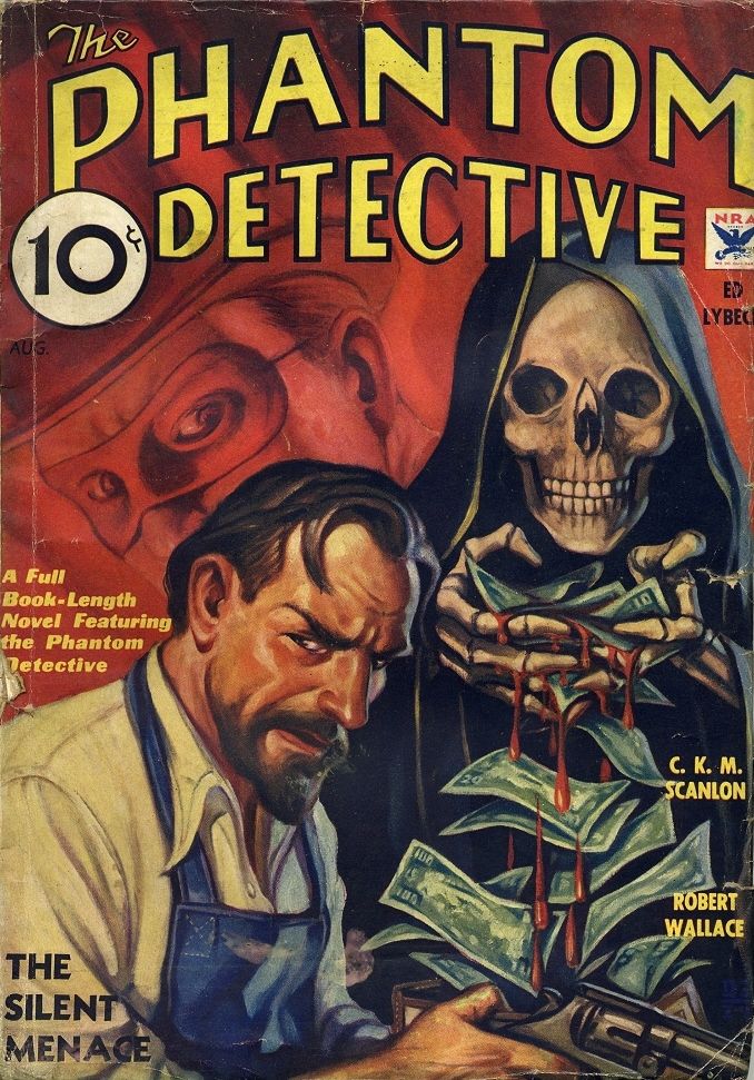 an old book cover with a skeleton holding money and another man in the background looking at it