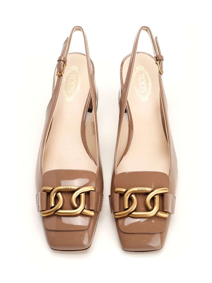 Upper: 100% Calfskin Sole: 100% Leather Luxury Beige Slingback Pumps For Work, Luxury Slingback Sandals For Spring, Luxury Slingback Pumps For Spring, Elegant Brown Slingback Pumps With Buckle, Elegant Brown Slingback Pumps With Buckle Closure, Luxury Spring Slingback Pumps, Luxury Brown Slingback Pumps With Buckle Closure, Luxury Brown Slingback Pumps For Work, Spring Heels With Gold-tone Hardware