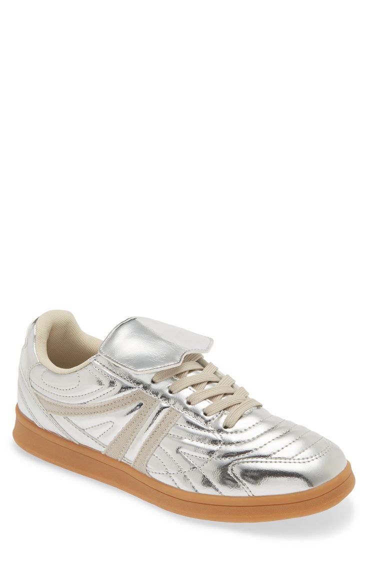 Streamlined and shiny, this sneaker features a low, speedy profile and a flap that folds protectively over the laces. Lace-up style Synthetic and textile upper/synthetic lining/rubber sole Imported Leather Lace-up Sneakers With Reflective Details, Metallic Low-top Sneakers For Sports, Metallic Lace-up Sneakers For Sports, Metallic Lace-up Sports Sneakers, Metallic Round Toe Sneakers For Sports, Metallic Sneakers For Sports, Sporty Metallic Sneakers With Translucent Outsole, Metallic Sneakers With Laces For Streetwear, Sporty Metallic Lace-up Sneakers