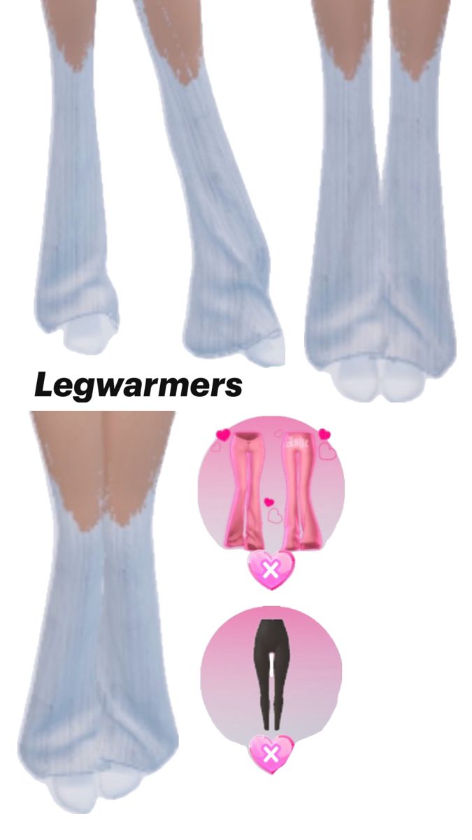 the legs and leg warmers are shown in three different positions, including one with stockings on