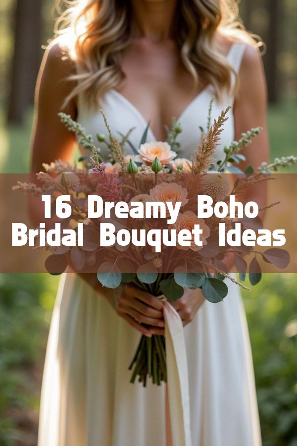 a bride holding her bouquet with the words 16 dreamy boho bridal bouquet ideas