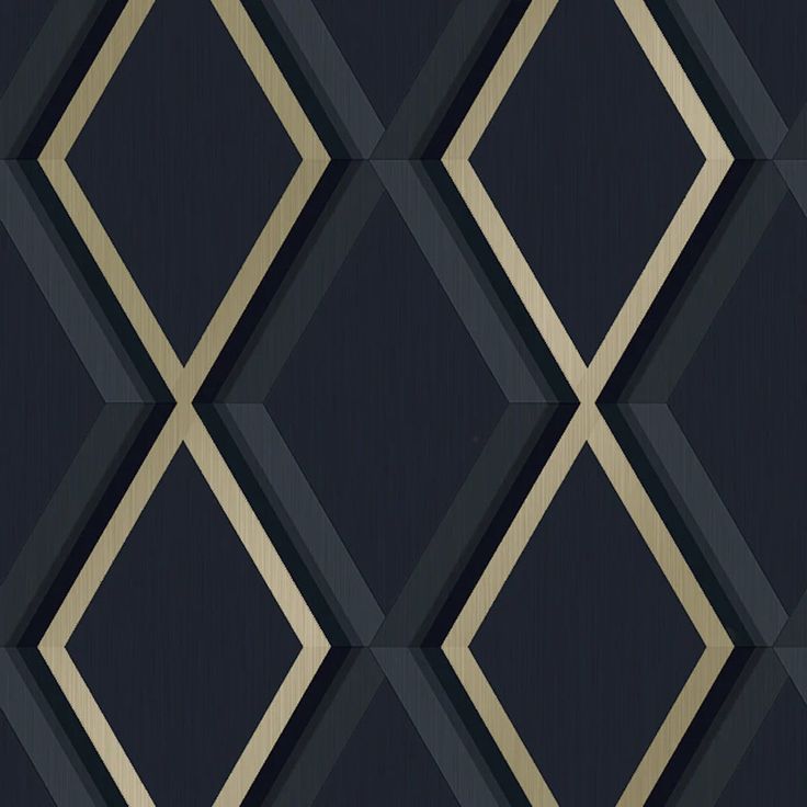 an abstract black and gold wallpaper with diamond shaped lines in the center, on a dark blue background