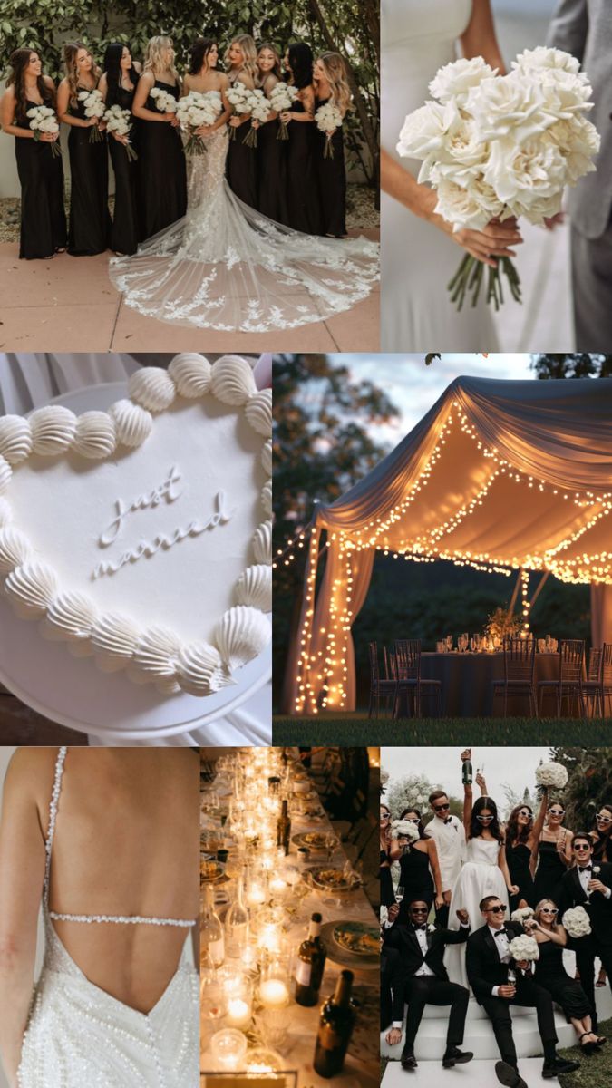 a collage of wedding pictures with white flowers