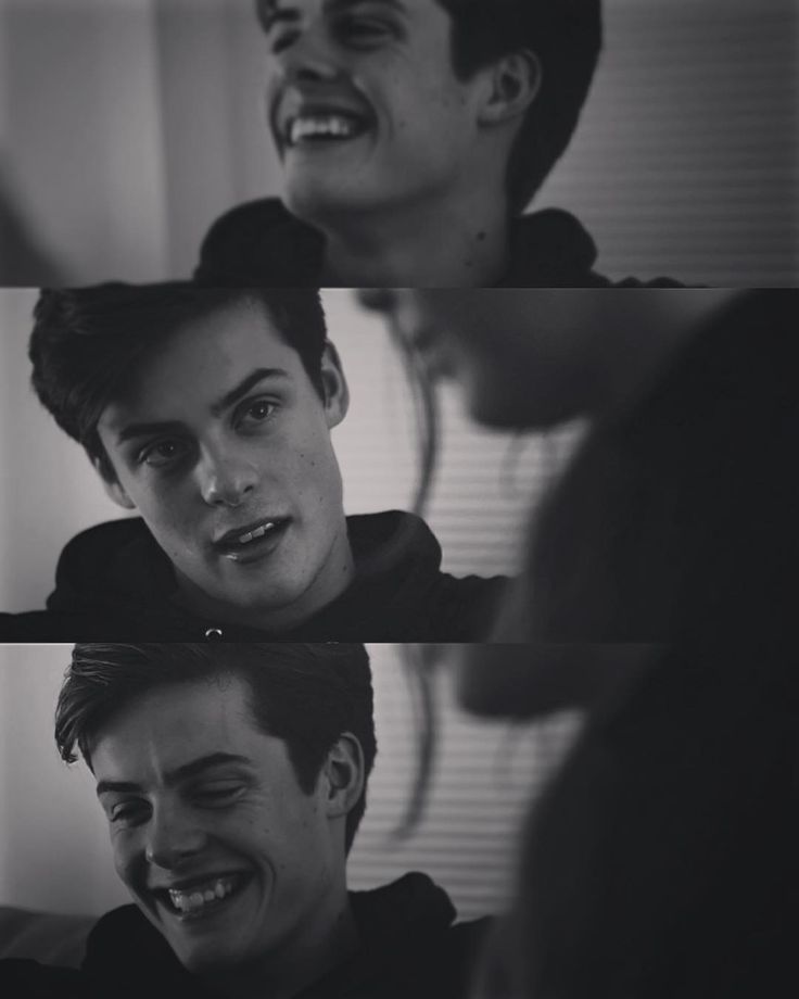 three different shots of the same person laughing and talking to each other, with one man's face partially obscured by his mouth