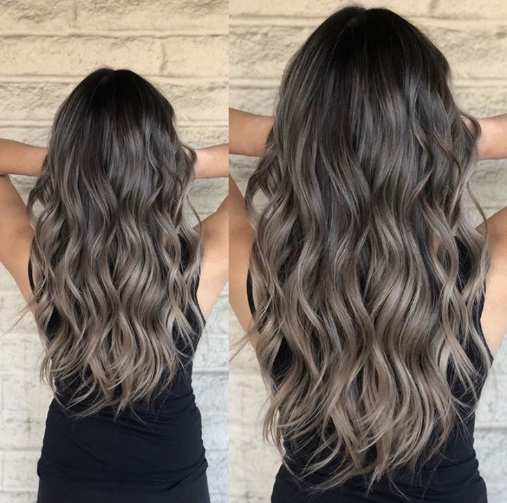 Dark Ash Highlights On Dark Hair, Ash Blonde Hair Ombre, Smokey Balayage Brunettes, Black Hair Transformation Balayage, Dark Hair Ash Balayage, Ashy Blonde Babylights On Dark Hair, Ash Babylights On Dark Hair, Dimensional Brunette Blonde, Grey Balayage Brunettes