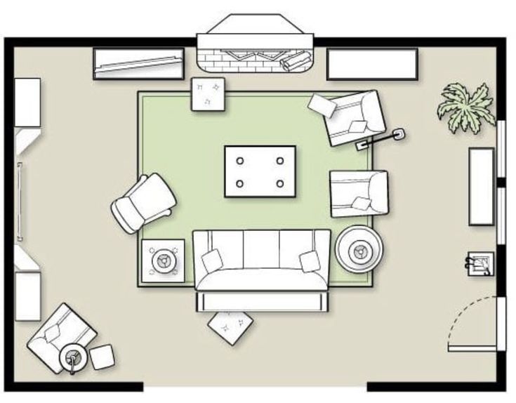 a drawing of a living room with couches, tables and lamps in it's center