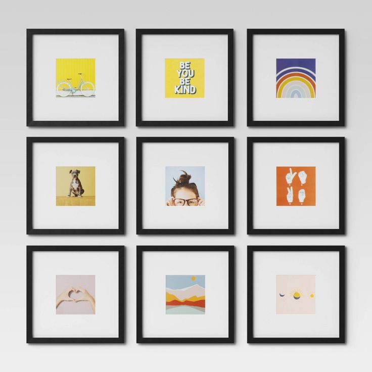 six black framed pictures hanging on the wall in front of a white wall with multiple frames