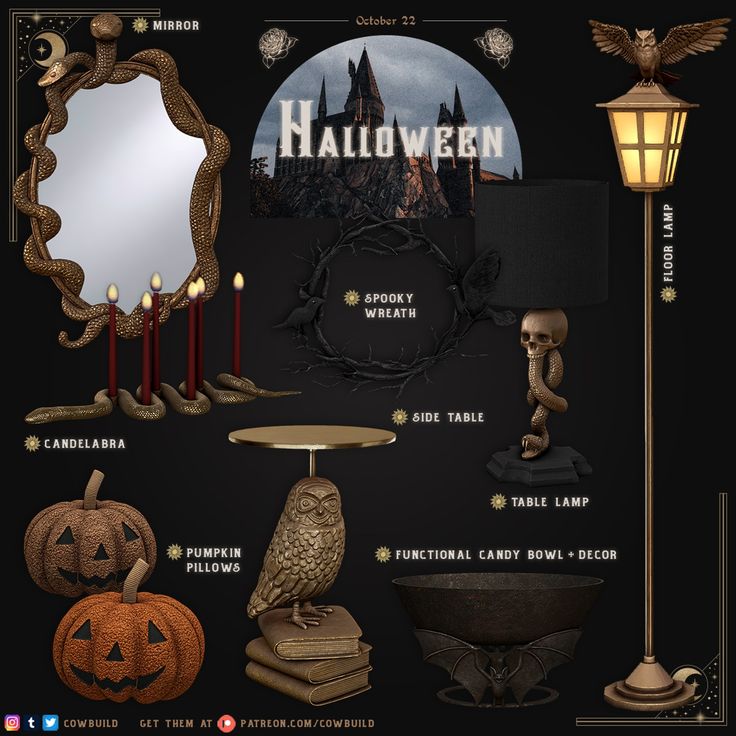 an image of halloween decorations with candles and mirrors