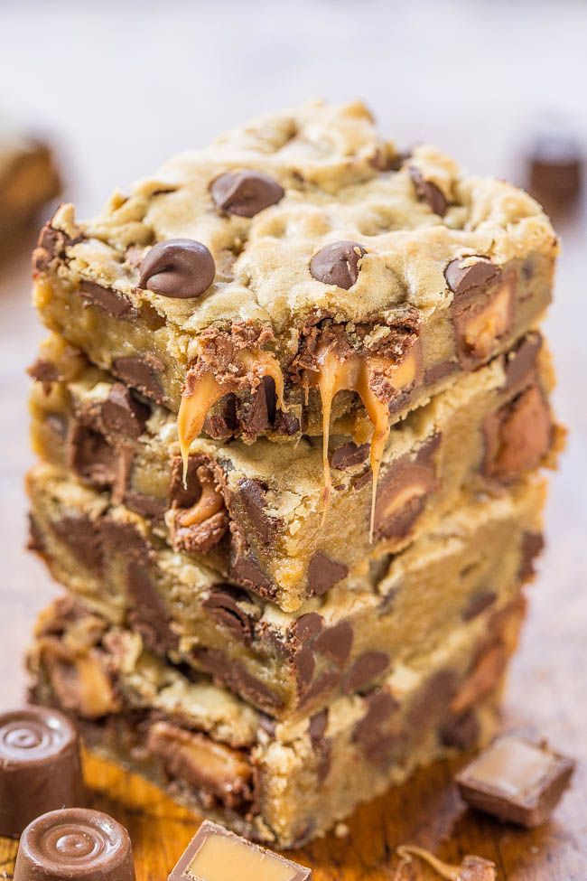 chocolate chip cookie bars stacked on top of each other