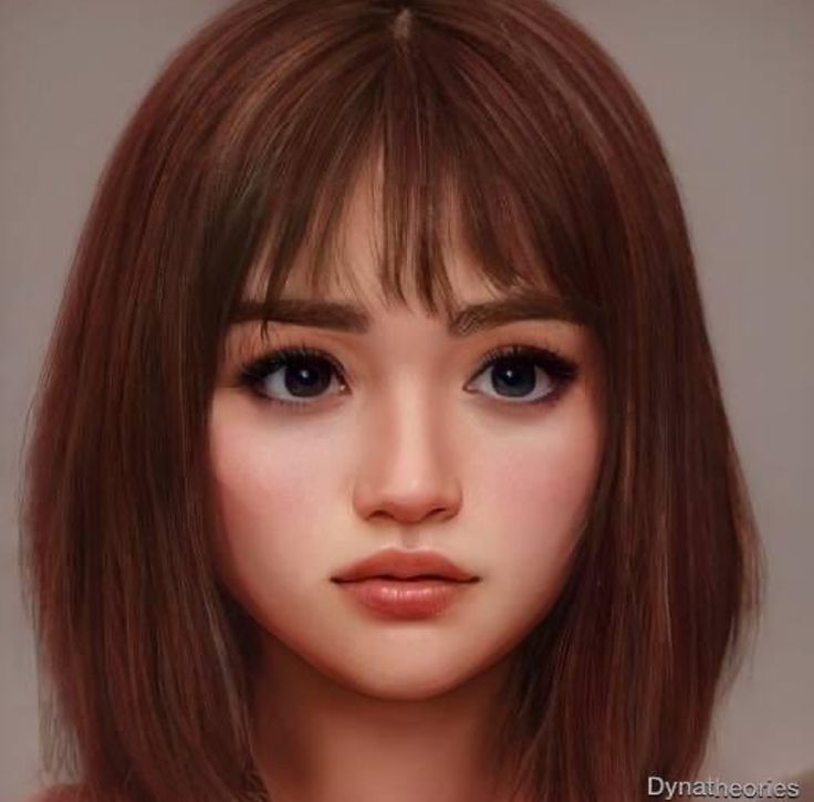 a digital painting of a woman with brown hair and bangs, wearing a pink top